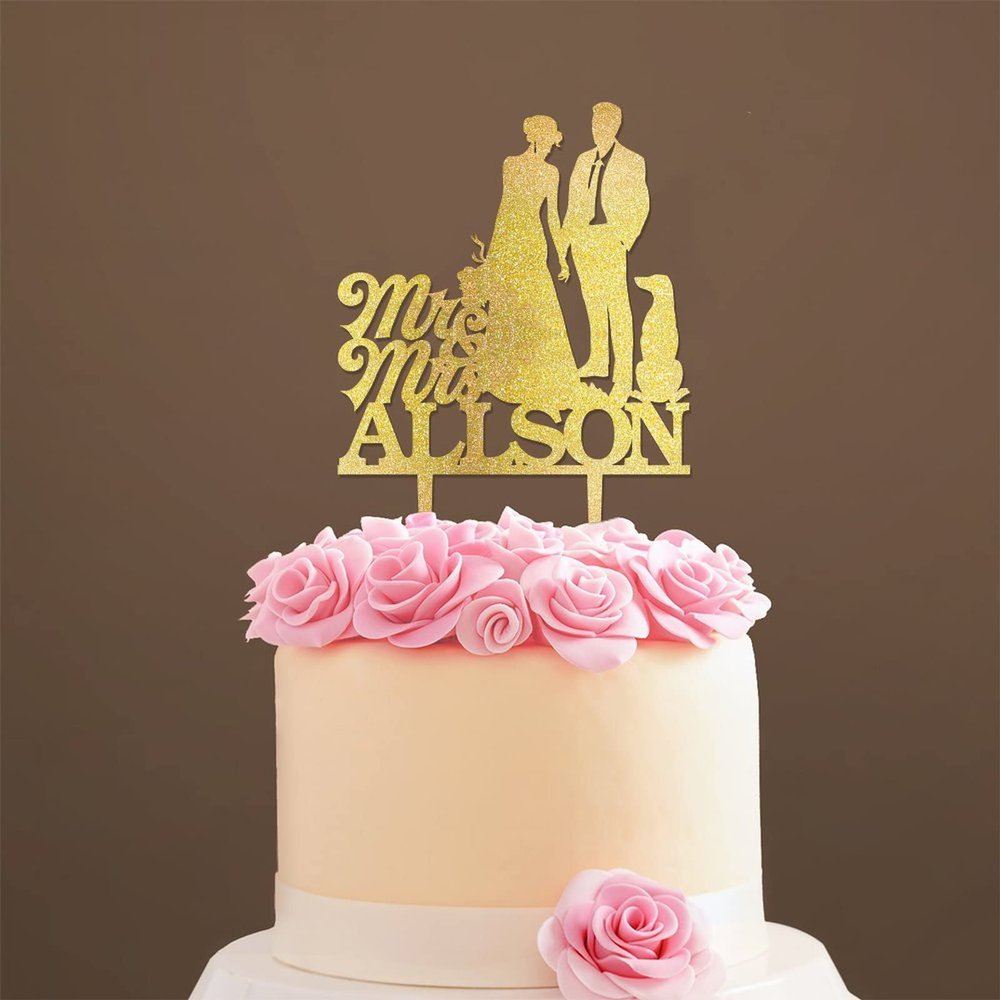 Custom Mr Mrs Cake Topper Bride And Groom with Pet Wedding Cake Topper Couple Silhouette Custom Wedding Cake Topper Anniversary Baptism Cake Topper Gold Glitter Wood, 6 Inch