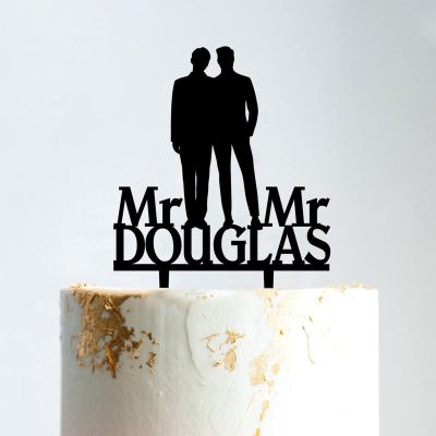 Stylish Gay Marriage Silhouette Wedding Cake Topper with Pet Mr And Mr Cake Toppers for Wedding Family Wedding Cake Topper Marriage Cake Topper Funny Cake Toppers for Wedding Black Acrylic, 6 Inch