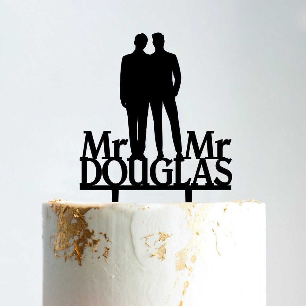 Stylish Gay Marriage Silhouette Wedding Cake Topper with Pet Mr And Mr Cake Toppers for Wedding Family Wedding Cake Topper Marriage Cake Topper Funny Cake Toppers for Wedding Black Acrylic, 6 Inch