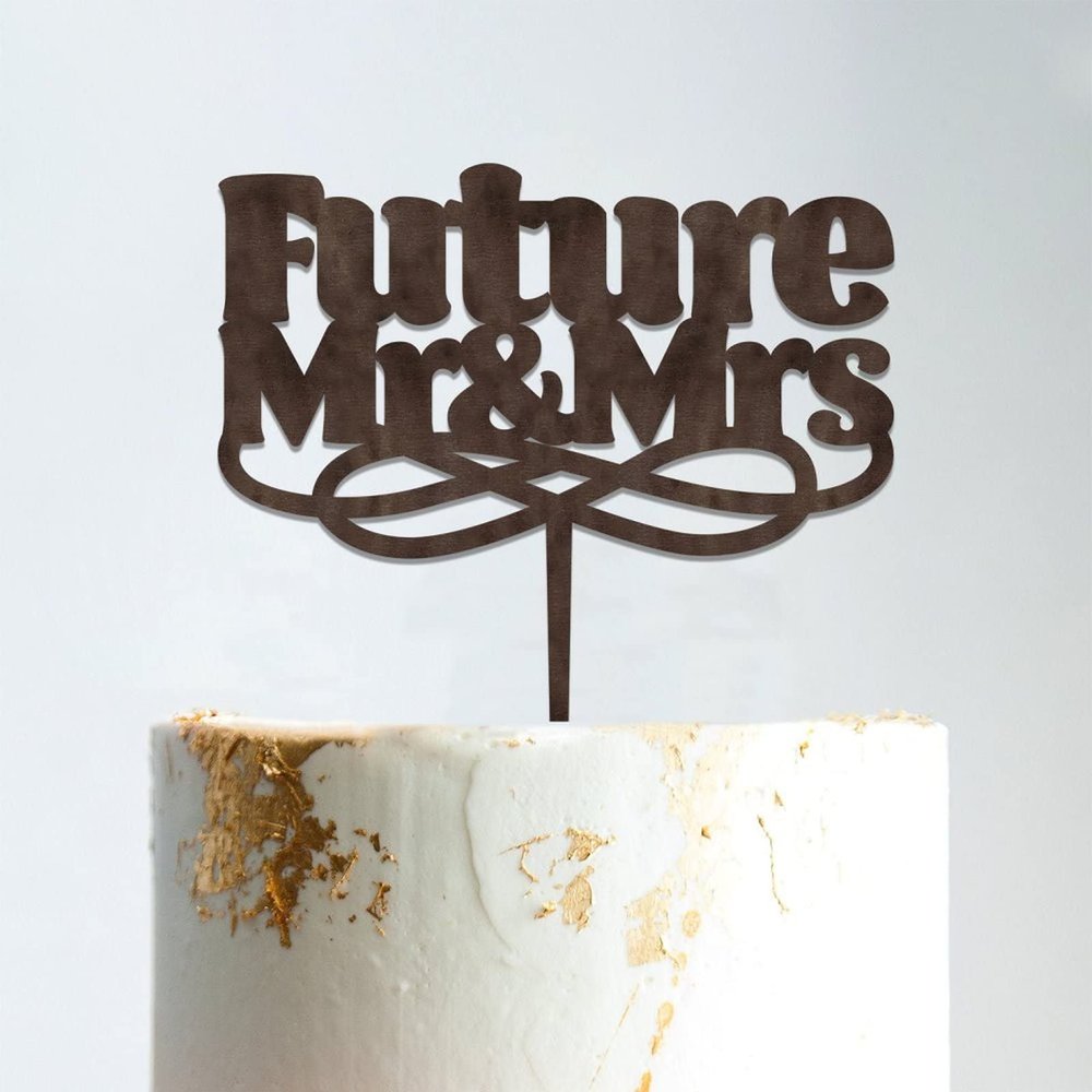 Future Mr & Mrs Wedding Mr & Mrs Cake Topper Bride And Groom with Pet Wedding Cake Topper Couple Silhouette Custom Wedding Cake Topper Anniversary Baptism Cake Topper Brown Wood, 6 Inch