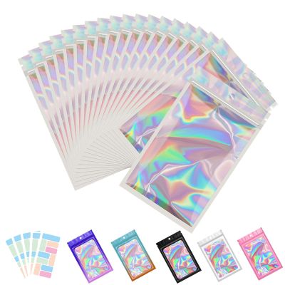 100 Pack Holographic Bag with Front Window Resealable Bags for Small Business Candy Bags Sealable Mylar Bags for Food Storage with 100 Color Labels(5.1 X 8.2 Inch)