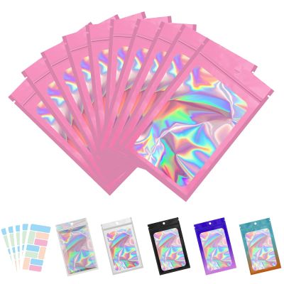 100 Pack Holographic Bag with Front Window Resealable Bags for Small Business Candy Bags Sealable Mylar Bags for Food Storage with 100 Color Labels(Pink,5.1 X 8.2 Inch)