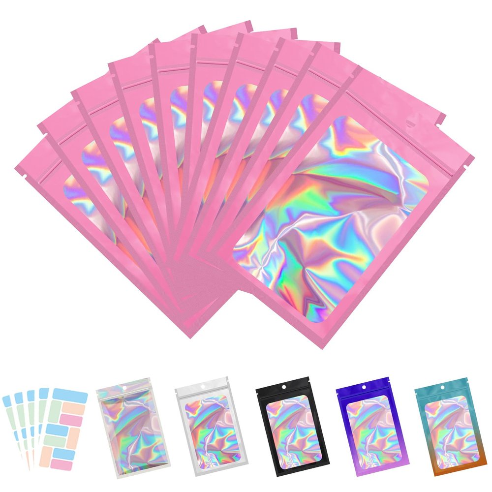 100 Pack Holographic Bag with Front Window Resealable Bags for Small Business Candy Bags Sealable Mylar Bags for Food Storage with 100 Color Labels(Pink,5.1 X 8.2 Inch)