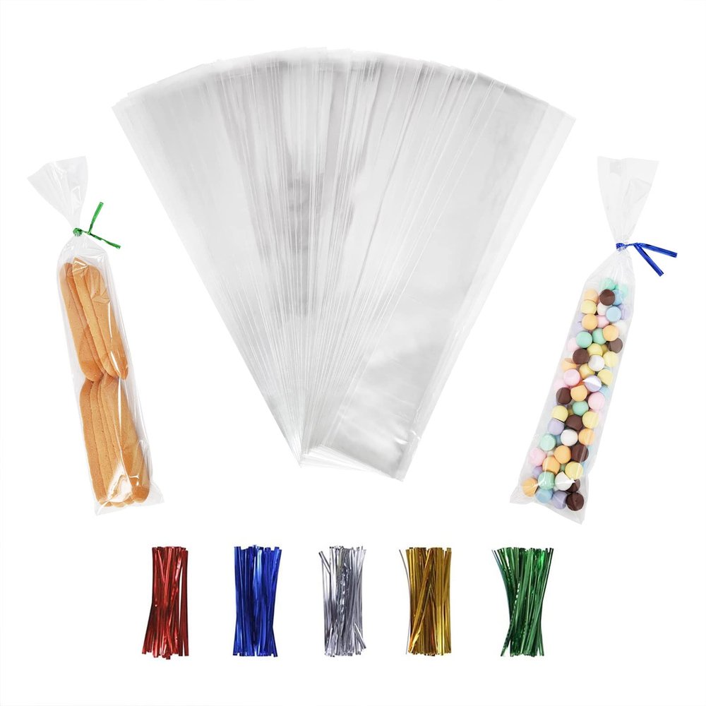 100 Clear Treat Bags - 2x10 inches, with 4'' Twist Ties - 1.4 mils Thick OPP, Perfect for Parties & Gifts