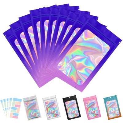 100 Pack Resealable Bags for Small Business, Mylar Bags with Front Window Holographic Bags Mylar Bags for Food Storage Candy with 100 Color Labels(Purple-Pink,4.1 X 5.9 Inch)
