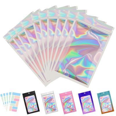 100 Pack Resealable Bags for Small Business, Mylar Bags with Front Window Holographic Bags Mylar Bags for Food Storage with 100 Color Labels(4.1 X 5.9 Inch)