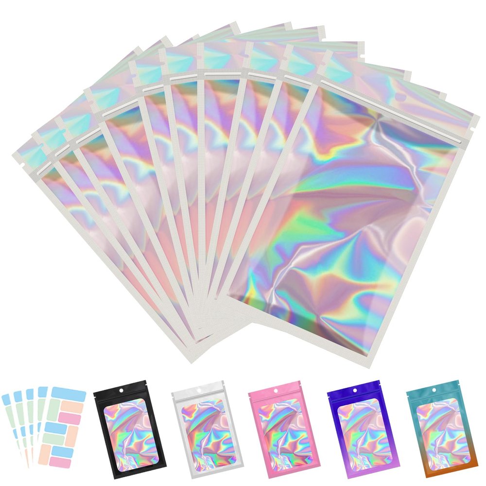 100 Pack Resealable Bags for Small Business, Mylar Bags with Front Window Holographic Bags Mylar Bags for Food Storage with 100 Color Labels(4.1 X 5.9 Inch)