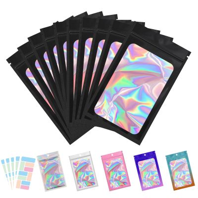 100 Pack Sealable Bags for Packaging, Resealable Bags for Small Business Sample Bags with Front Window Mylar Bags for Food Storage with 100 Color Labels(Black,7.1 X 10.2 Inch)