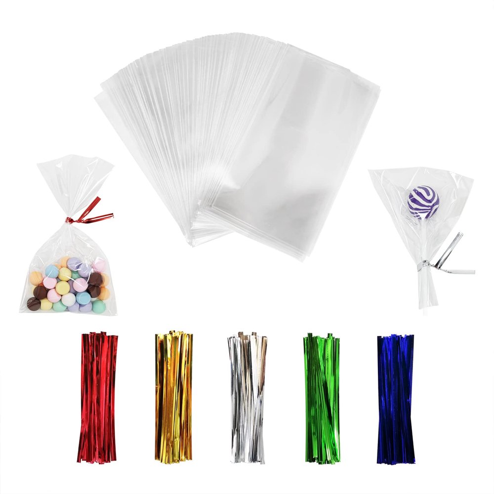 100PCS Cellophane Bags 3x5 inches, Clear Treat Bags with 4 Twist Ties, Plastic Cello Bags - 1.4 mils Thick OPP Rice Crispy Bags for Gift Goodie Favor Candy Cake Pop Birthday Party Cookies (3 x 5)