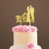 Rustic Mr And Mrs Cake Topper Bride And Groom with Pet Wedding Cake Topper Couple Silhouette Personalized Cake Topper Anniversary Cake Toppers Gold Glitter Wood, 6 Inch view 1