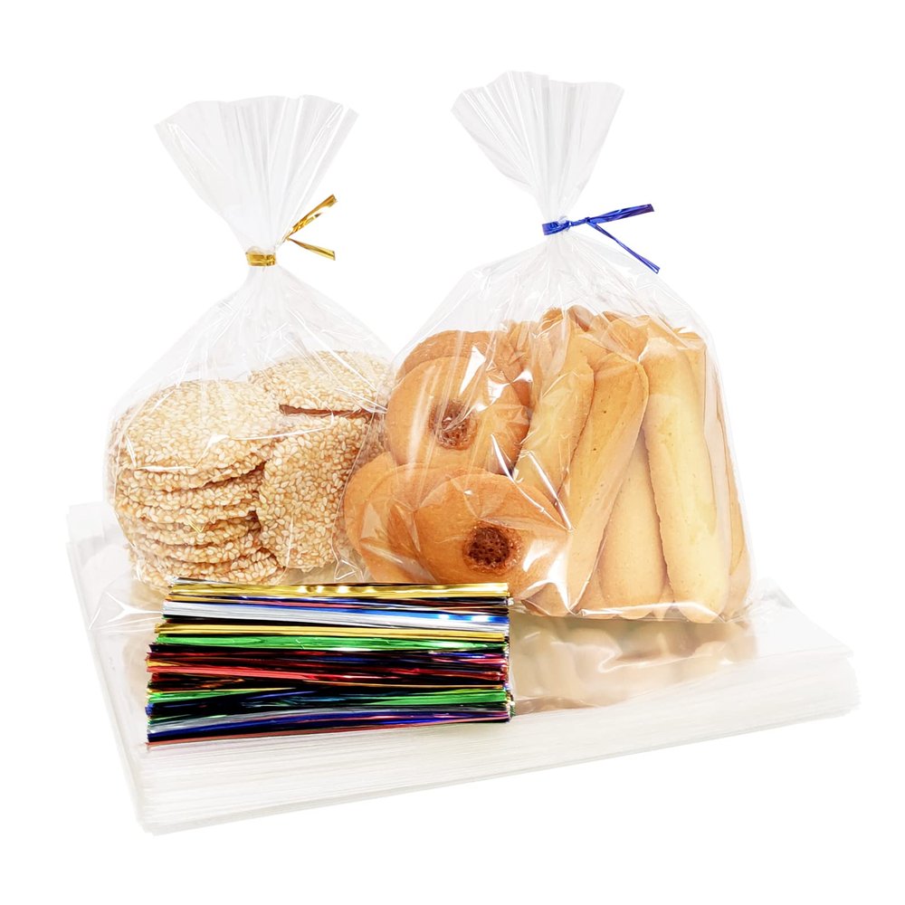 100PCS Cellophane Bags 6x8 inches, Clear Treat Bags with 4 Twist Ties, Plastic Cello Bags - 1.4 mils Thick OPP Rice Crispy Bags for Gift Goodie Favor Candy Cake Pop Birthday Party Cookies (6 x 8)