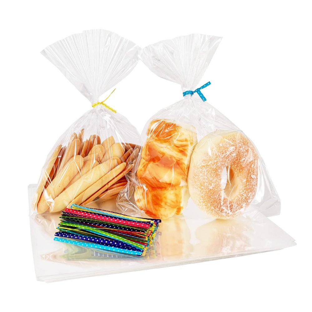 Newkita Clear Goodie Bags - 8x10 Cellophane Treat Bags With 4" Twist Ties, 100 Pack