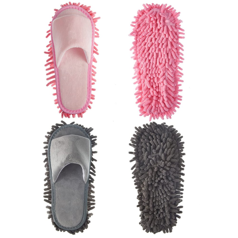 Jecery 2 Pairs Microfiber Cleaning Mop Slippers for Floor Cleaning House Mop Shoes Men and Women Washable Unisex Dusting Slippers Dirt Tool Supplies(Medium,Pink, Gray)