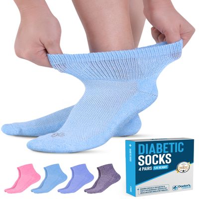 Doctor's Select Ankle Diabetic Socks for Women and Men - 4 Pairs | Moisture Wicking Neuropathy Socks for Women | Light Blue, Blue, Purple, Pink