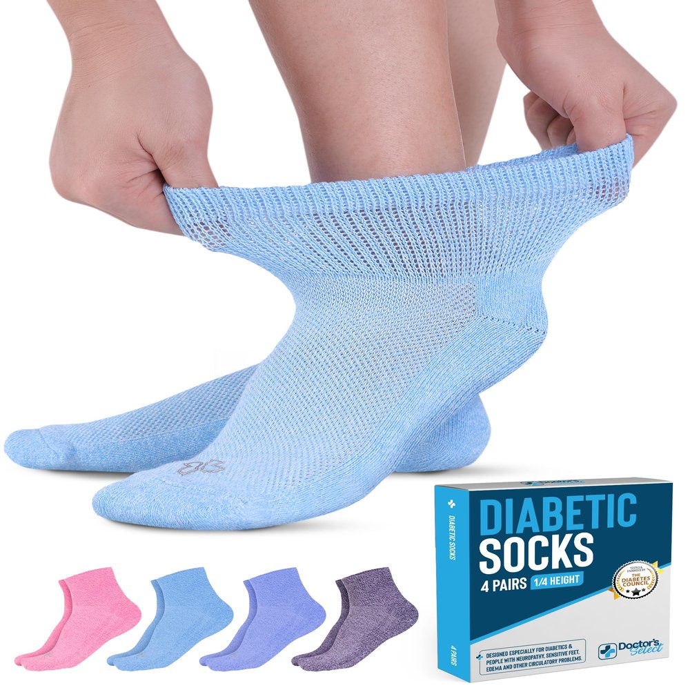 Doctor's Select Ankle Diabetic Socks for Women and Men - 4 Pairs | Moisture Wicking Neuropathy Socks for Women | Light Blue, Blue, Purple, Pink