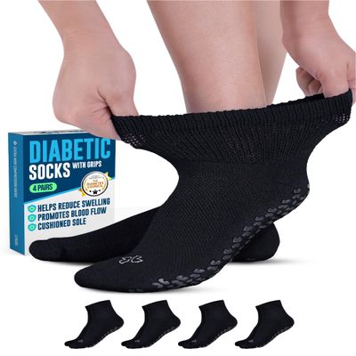 Doctor's Select Diabetic Socks with Grips for Women and Men - 4 Pair | Black | Neuropathy Socks for Men | Non Skid Socks for Men | Diabetic Ankle Socks for Men | Diabetic Socks for Men 9-12