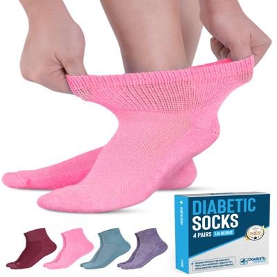 Doctor's Select Diabetic Socks for Men and Women - 4 Pairs Ankle Socks | Pink, Green, Red, Purple | Size 9-11