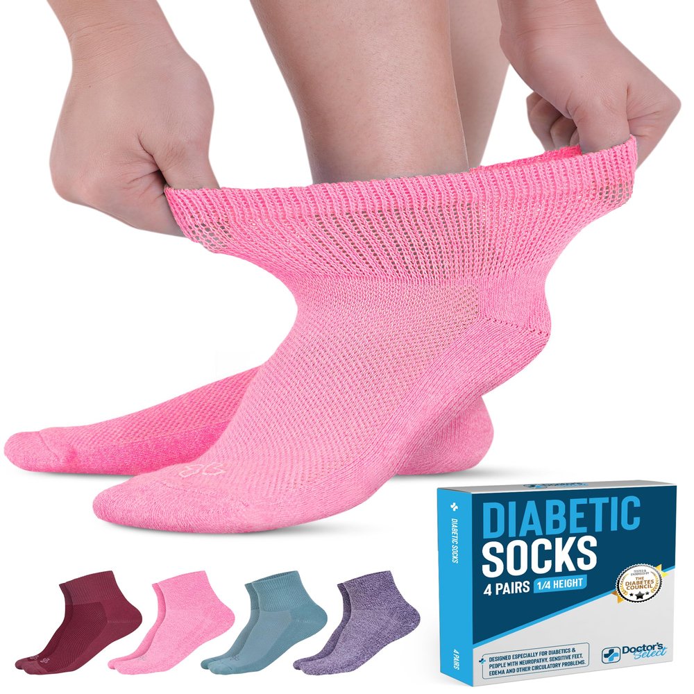 Doctor's Select Diabetic Socks for Men and Women - 4 Pairs Ankle Socks | Pink, Green, Red, Purple | Size 9-11