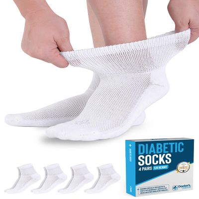 Doctor's Select Diabetic Socks for Men and Women - 4 Pairs | White | Ankle Socks for Swollen Ankles and Feet 9-12