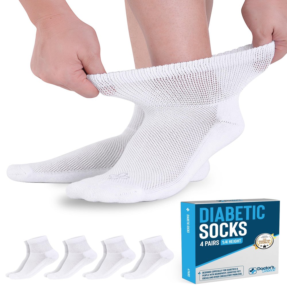 Doctor's Select Diabetic Socks for Men and Women - 4 Pairs | White | Ankle Socks for Swollen Ankles and Feet 9-12