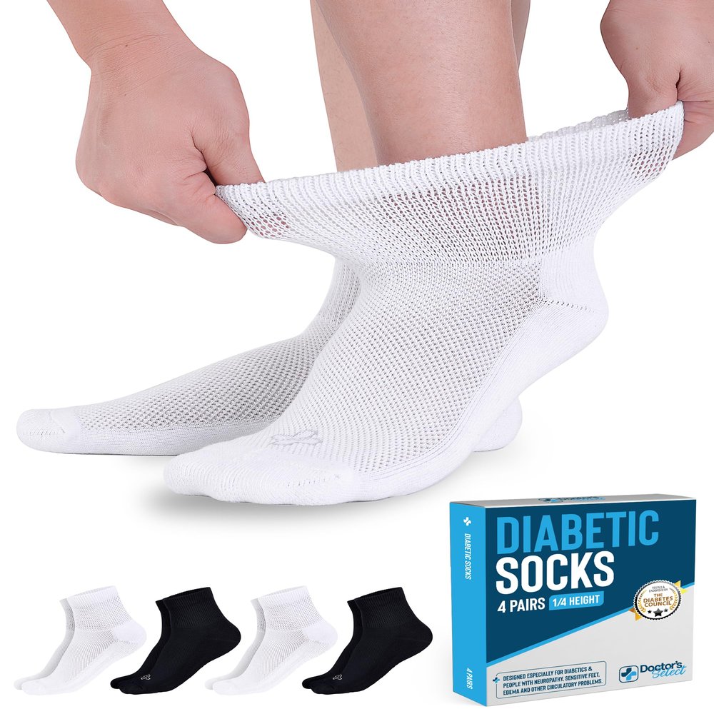 Doctor's Select Ankle Diabetic Socks for Women and Men - 4 Pairs | Black, White | Moisture Wicking Diabetic Socks for Men Size 6-9 | 9-12