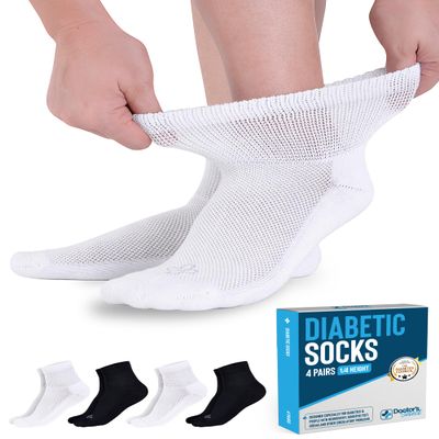 Doctor's Select Ankle Diabetic Socks for Women and Men - 4 Pairs | Black, White | Moisture Wicking for Women Size 6-9 | 9-12