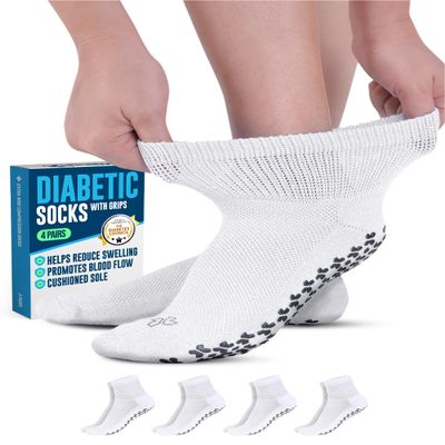 Doctor's Select Diabetic Socks with Grips for Women and Men - 4 Pair | White | Neuropathy Socks for Men | Non Slip Socks Mens | Diabetic Ankle Socks for Men | Diabetic Socks for Men 9-12