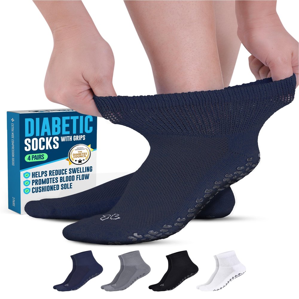 Doctor's Select Diabetic Socks with Grips for Women and Men - 4 Pair | Ankle Non Slip Socks for Elderly with Grippers | Black, White, Navy, Gray