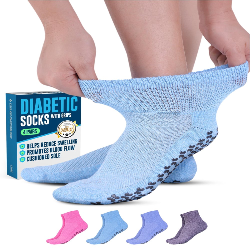 Diabetic Socks with Grips for Women and Men - 4 Pair | Light Blue , Blue, Purple , Pink | Neuropathy Socks for Women | Hospital Socks with Grips for Women | Ankle Diabetic Non Slip Socks for Elderly