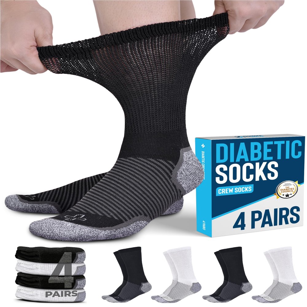 Doctor's Select Grey Heel/Toe 2 Black / 2 White Diabetic Socks for People with Diabetes - 4 Pairs, Ankle-High, Unisex
