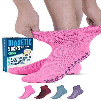 Doctor's Select Diabetic Socks with Grips - 4 Pair Assortment | Pink, Green, Red, Purple | Slipper Socks with Grippers | Grippy Socks for Men & Women Size 9-11