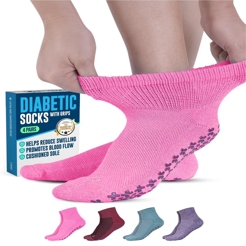 Doctor's Select Diabetic Socks with Grips - 4 Pair Assortment | Pink, Green, Red, Purple | Slipper Socks with Grippers | Grippy Socks for Men & Women Size 9-11