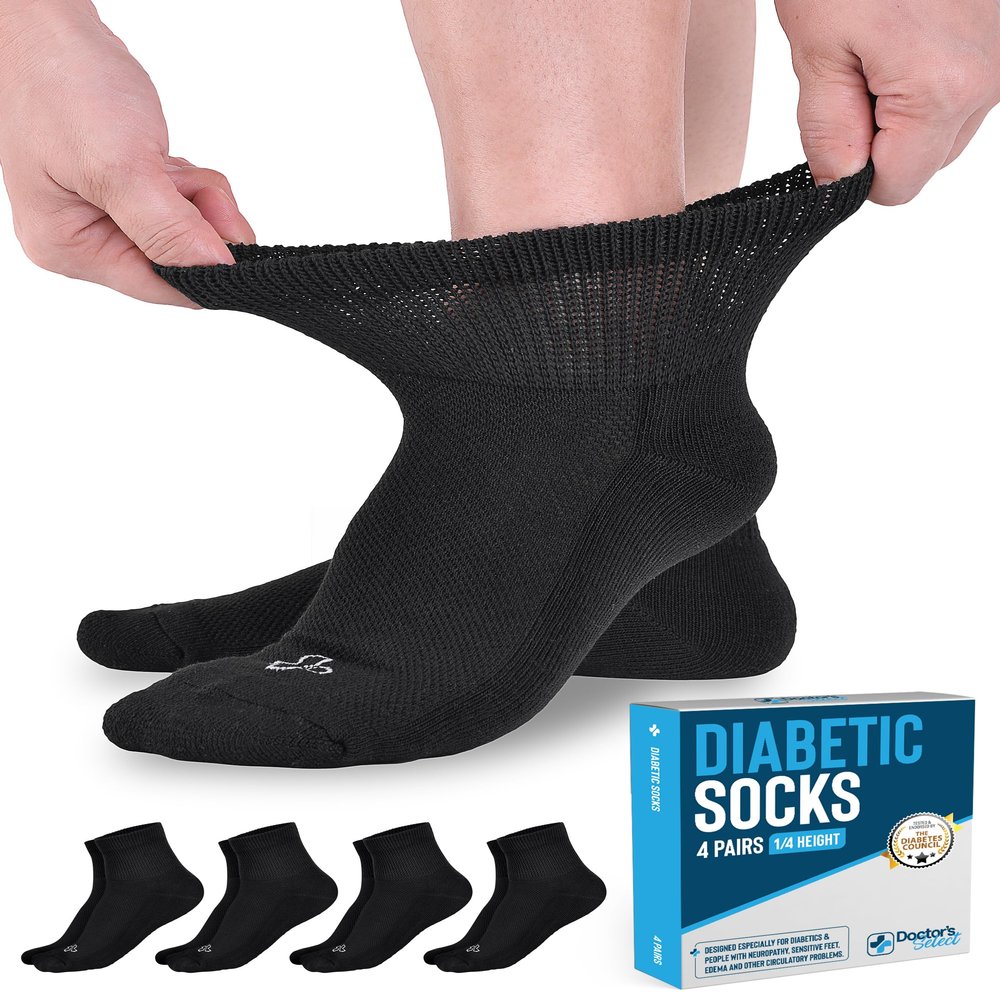 Doctor's Select Diabetic Socks for Men and Women - 4 Pairs | Black | Ankle Diabetic Neuropathy Socks for Men | 9-12