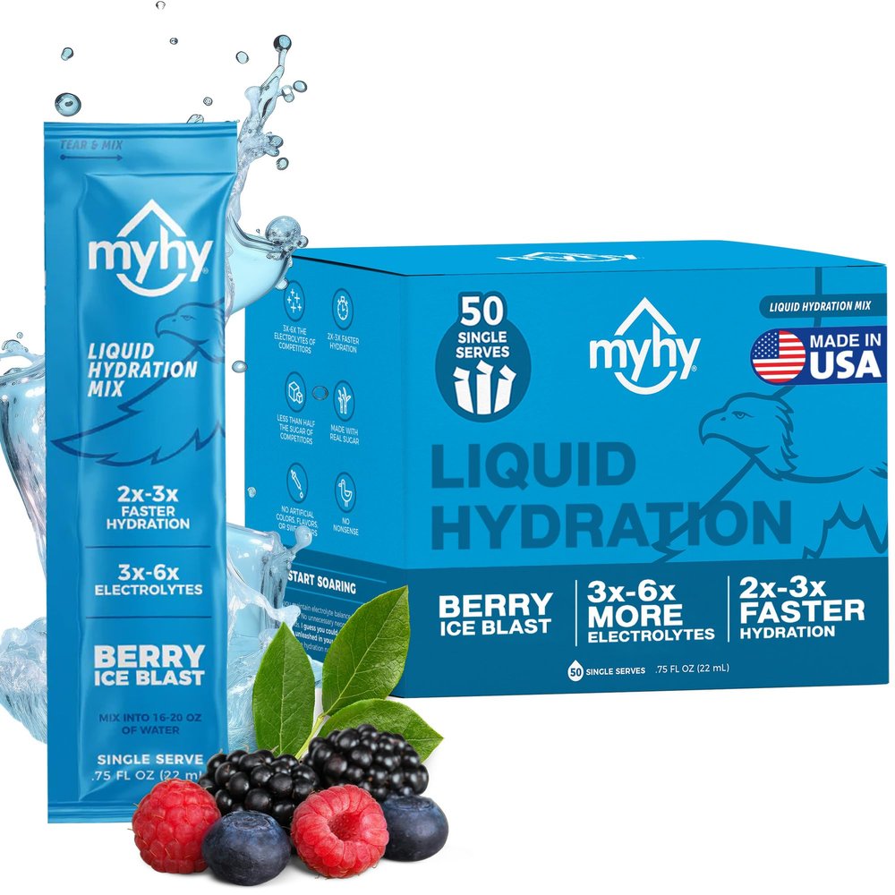 MyHy Liquid Hydration Packets, Electrolyte Drink Mix for Adults & Kids Hydration Support, Dehydration Relief for Travel, Pregnancy, Fitness, Bachelor & Bachelorette Party Berry, 50 Count