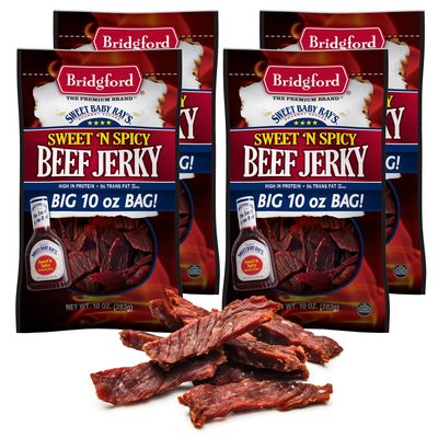 Bridgford Sweet Baby Ray's Beef Jerky Sweet N Spicy 10 oz Pack of 4 - High Protein Sweetened Spicy Beef Jerky for Your Dietary Preference - Ready-to-Eat Snacks for On-The-Go Snacking
