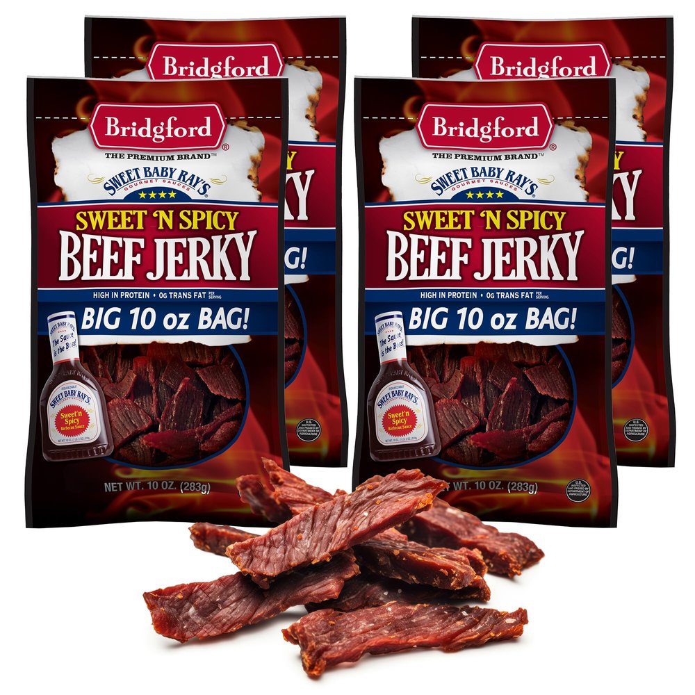 Bridgford Sweet Baby Ray's Beef Jerky Sweet N Spicy 10 oz Pack of 4 - High Protein Sweetened Spicy Beef Jerky for Your Dietary Preference - Ready-to-Eat Snacks for On-The-Go Snacking
