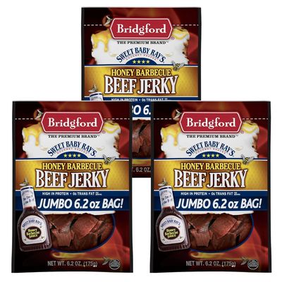 Bridgford Sweet Baby Ray's Beef Jerky Honey BBQ 6.2 oz Pack of 3 - High Protein Jerky for Midday Energy Boost or Post Workout Snack - Naturally Smoked Ready to Eat Meat Snacks for on the Go Snacking