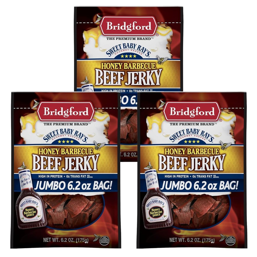 Bridgford Sweet Baby Ray's Beef Jerky Honey BBQ 6.2 oz Pack of 3 - High Protein Jerky for Midday Energy Boost or Post Workout Snack - Naturally Smoked Ready to Eat Meat Snacks for on the Go Snacking