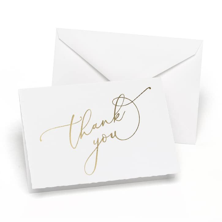 Hortense B. Hewitt 24-Count Gold Foil Thank You Note Cards with Deckle Edge, 4.8" x 3.5" Folded Size (61898)