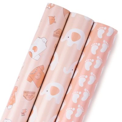 MAYPLUSS Pink Gift Wrapping Paper Roll - 17" X 120" Per Roll - Lovely Girly Little Girl Elephant, Clothing, Footprint Themed Birthday Gift Wrap Present Paper for Baby Shower, New Baby Party
