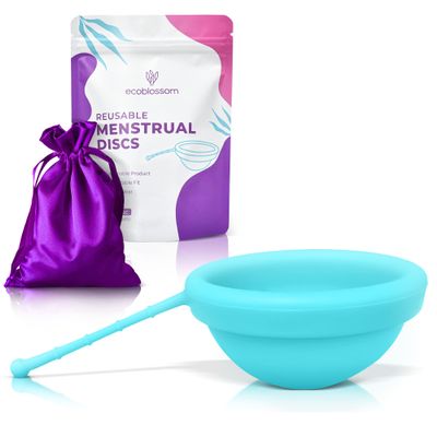 EcoBlossom Reusable Menstrual Disc with Removal String - The Most Reliable Medical Grade Silicone Period Discs - Comfortably use for 12 Hours (Cyan)