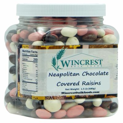 Neapolitan Chocolate Covered Raisins || 1.5 Lb Tub || Dark, Milk, Vanilla & Strawberry Coated