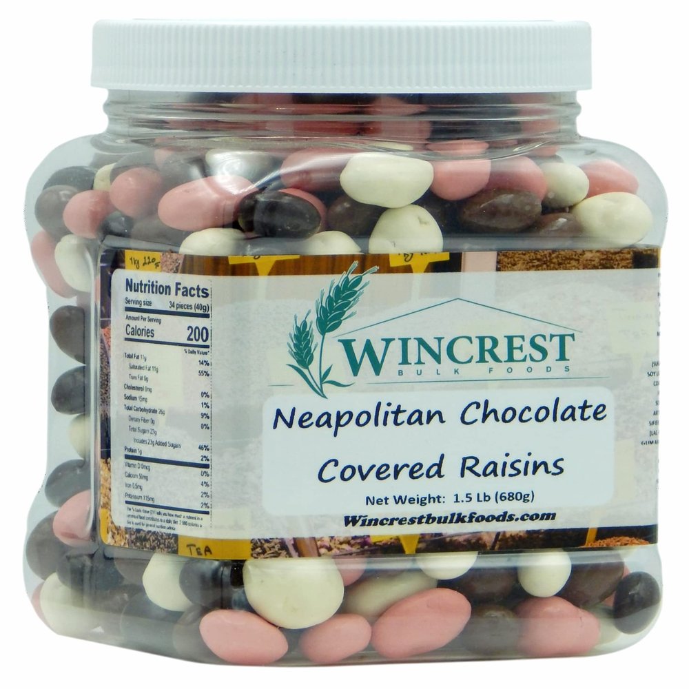 Neapolitan Chocolate Covered Raisins || 1.5 Lb Tub || Dark, Milk, Vanilla & Strawberry Coated