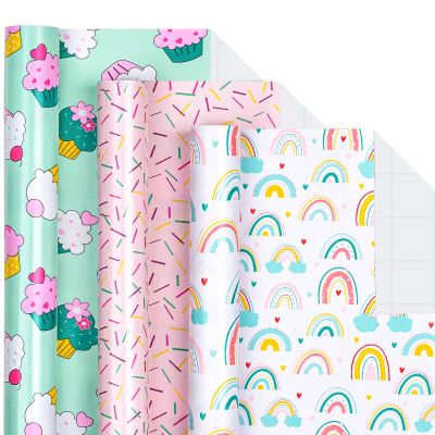 LeZakaa Mini Wrapping Paper Roll - Mini Roll - Cupcake/Rainbow/Colorful Stripe for Birthday, Party, Holiday, Baby Shower - 17 x 120 inches - 3 Rolls (42.5 sq.ft.ttl.)