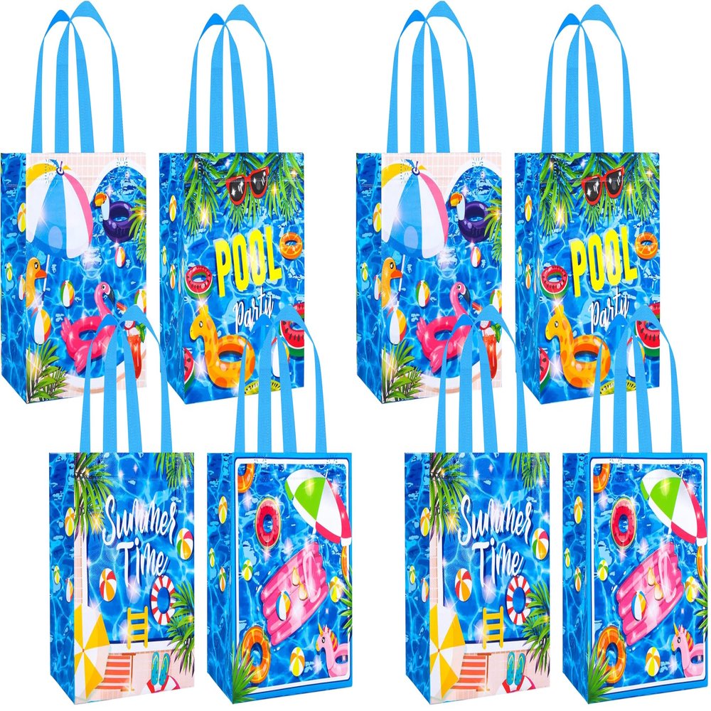 12Pcs Pool Party Favors Gift Bags Summer Beach Swimming Theme Non-Woven Gift Treat Bags with Handles for Summer Pool Party Supplies