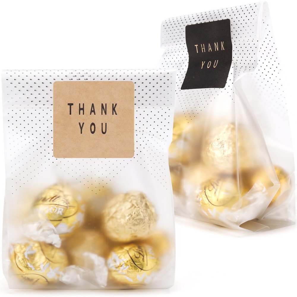 LOKQING Cellophane Treat Bags Cookie bags for Packaging Clear Gift Bag with Stickers for Cookies, Candy, Chocolates(Black Dot, 9x3.2inch)