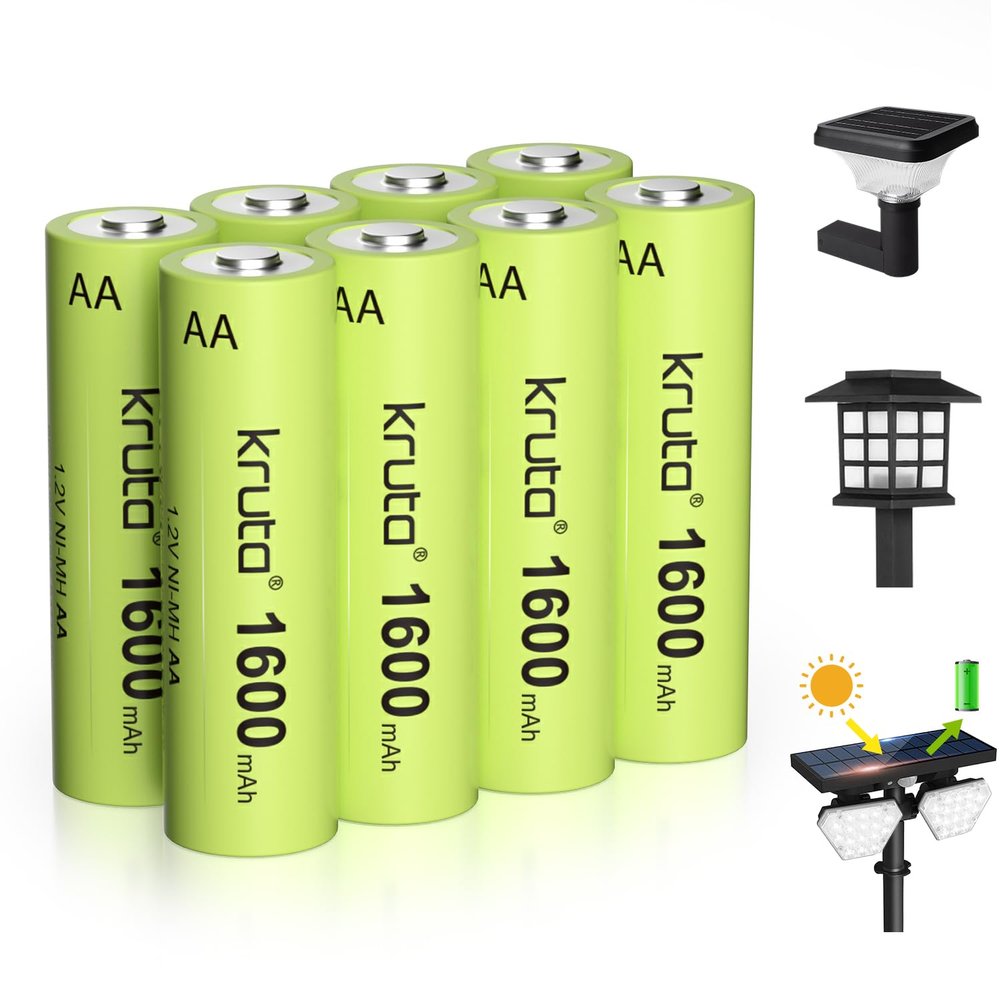 Kruta Ni-MH AA Rechargeable Batteries, Double A 1600mAh High Capacity 1.2V Pre-Charged for Garden Landscaping Outdoor Solar Lights, String Lights, Pathway Lights (AA-1600mAh-8 Pack)