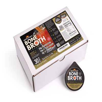 Brite Start Bone Broth - Beef + Mushrooms - Porcini, Shitake, Lions Mane - 30 Count - Keto Friendly Concentrate - 16g Collagen 20g Protein -Made from Grass Fed Beef Bones- Single Serve Packets