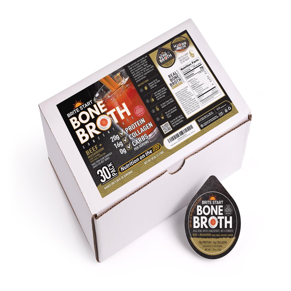 Brite Start Bone Broth - Beef + Mushrooms - Porcini, Shitake, Lions Mane - 30 Count - Keto Friendly Concentrate - 16g Collagen 20g Protein -Made from Grass Fed Beef Bones- Single Serve Packets