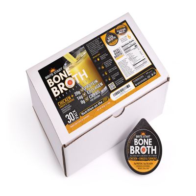 Brite Start Bone Broth - Chicken + Ginger & Turmeric - 30 Count - Keto Friendly Concentrate with 16g Collagen, 20g Paleo Protein - Made from Free Range Chicken Bones - Single Serve Packets
